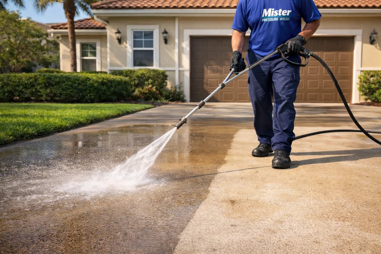 Professional driveway pressure washing in progress