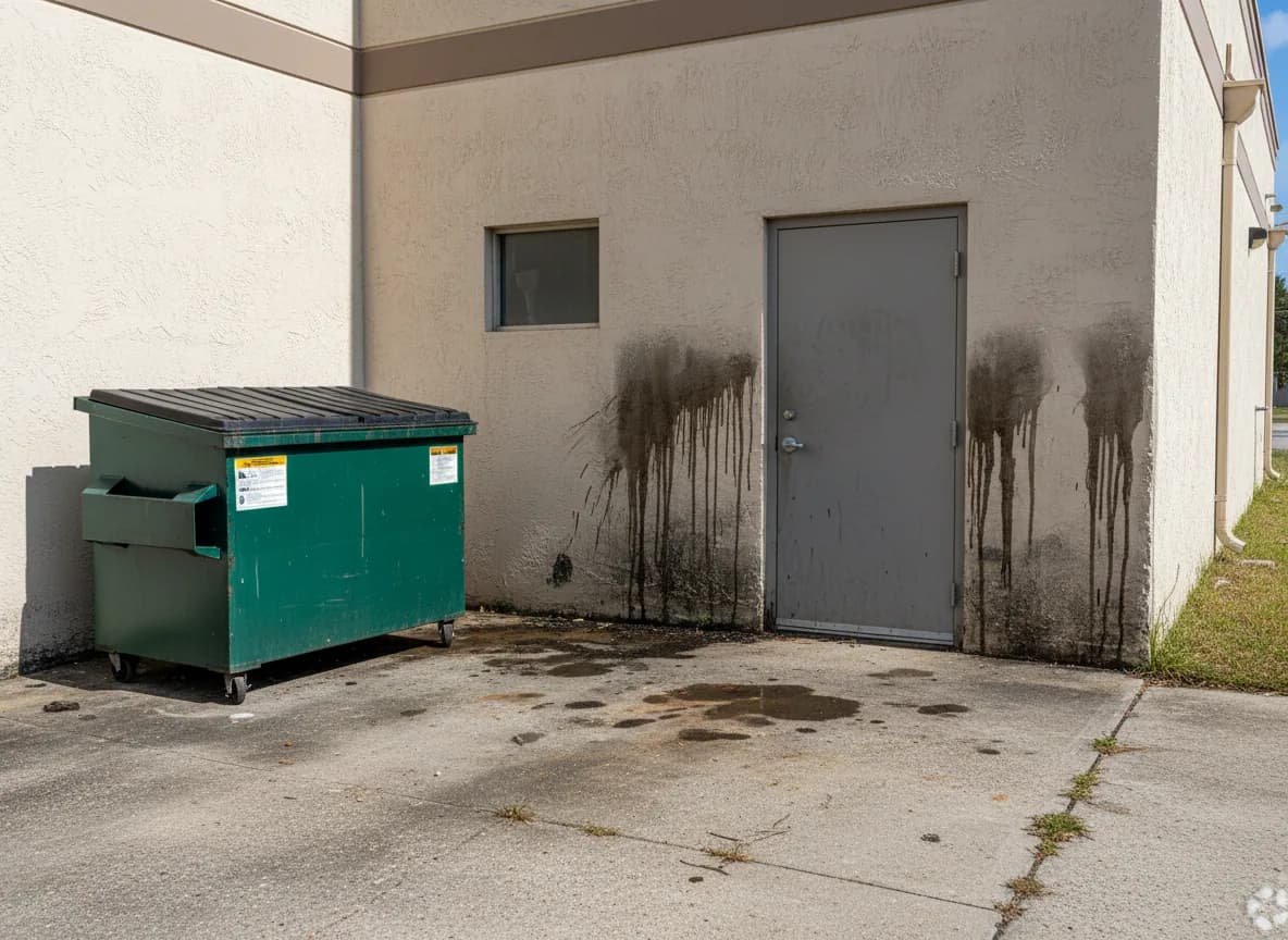 Restaurant rear dumpster pad with grease stains before professional cleaning