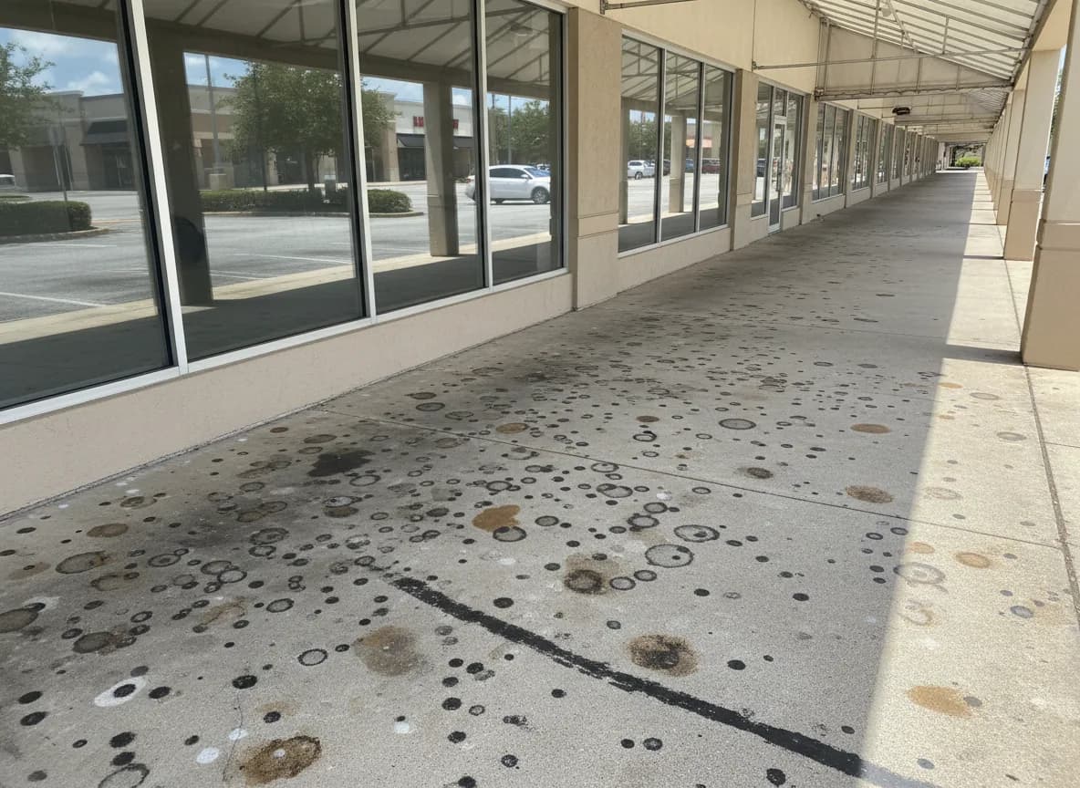 Strip mall storefront sidewalk with grime and gum stains before pressure washing