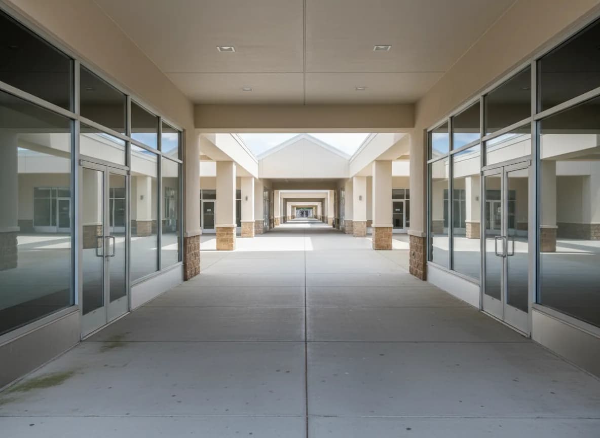 Bright clean strip mall covered walkway after professional pressure washing