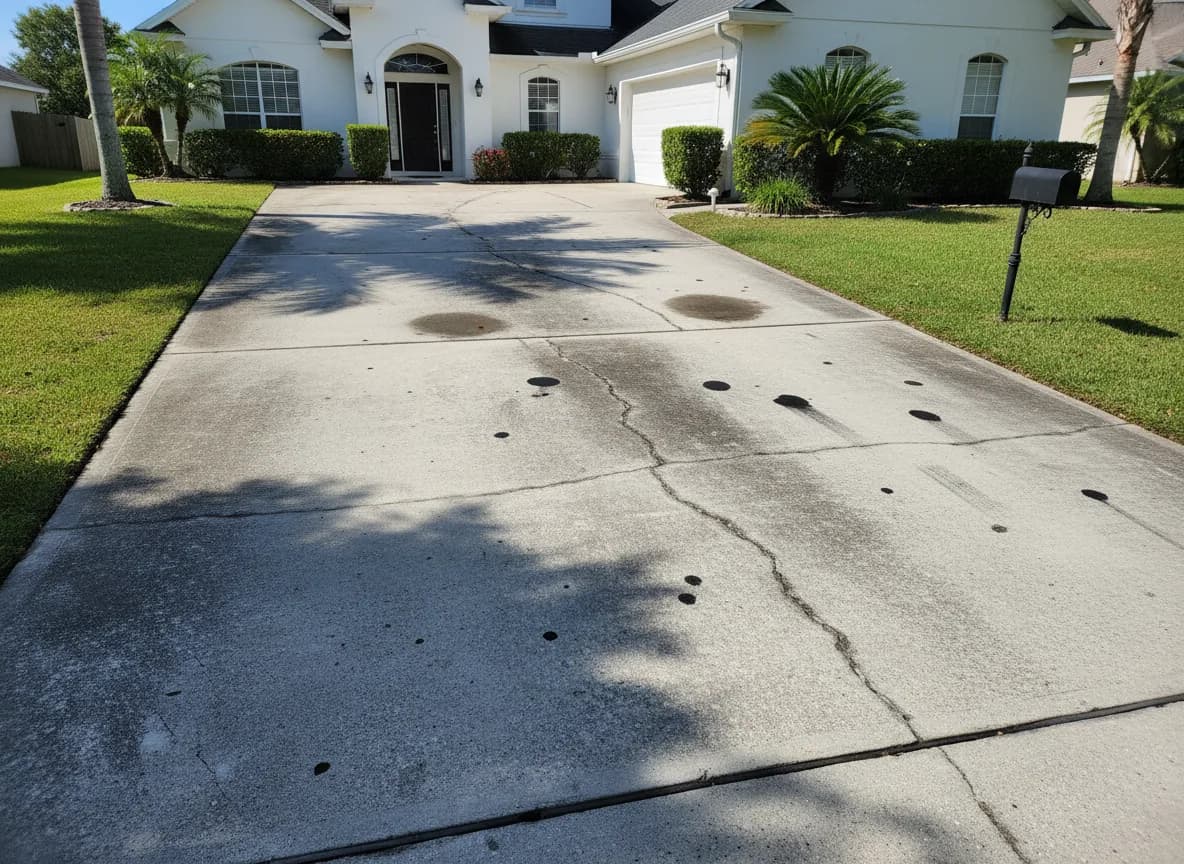 Stained Jacksonville driveway with oil marks and mildew before pressure washing
