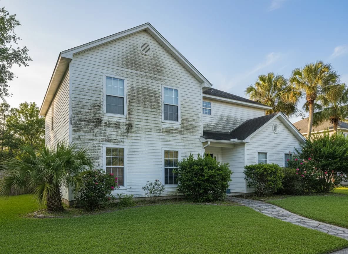 Jacksonville home with algae-stained vinyl siding before house wash