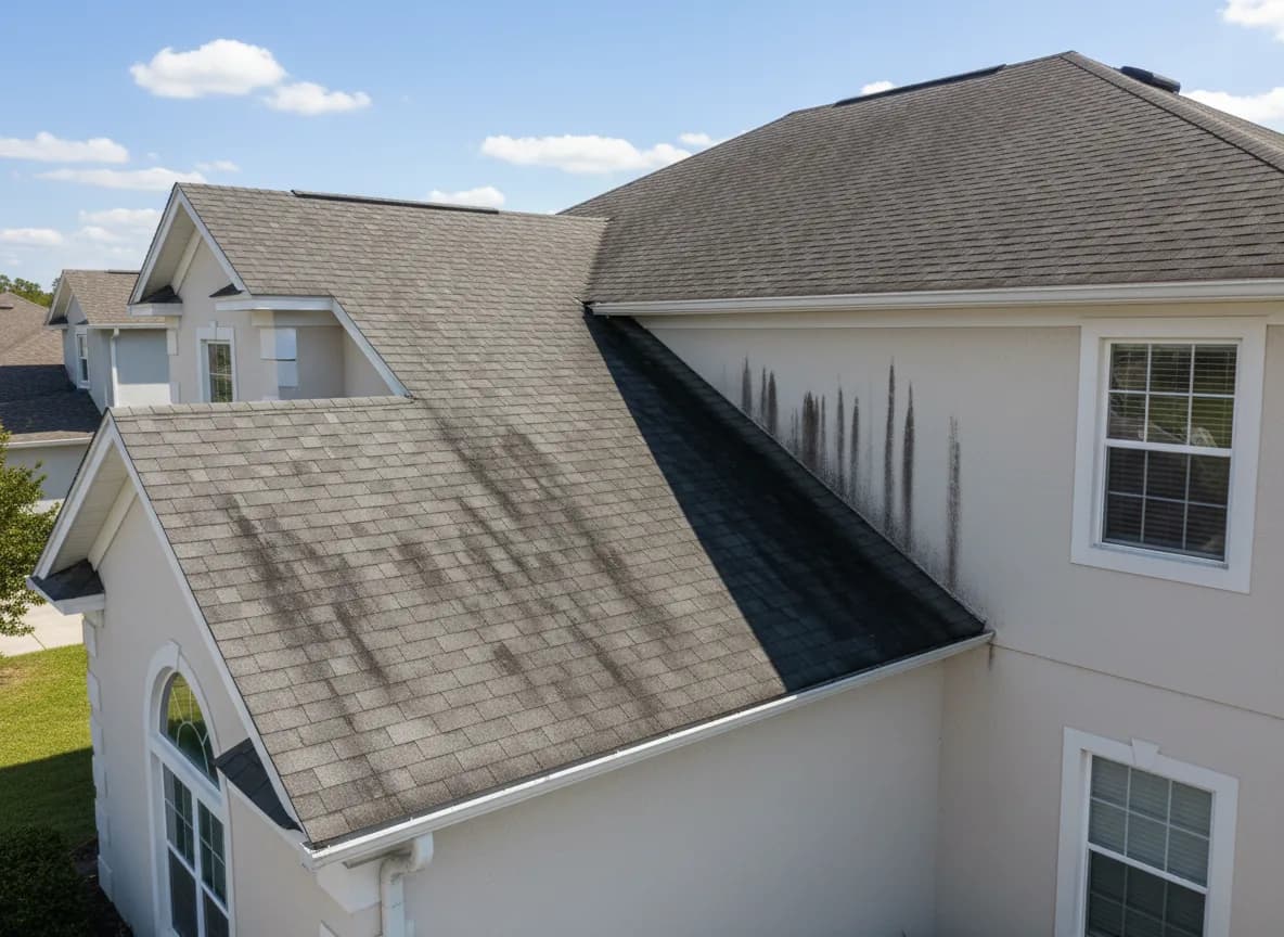 Asphalt shingle roof with dark gloeocapsa magma streaks before cleaning
